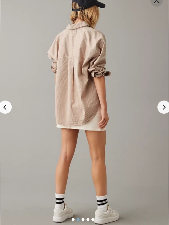 NWT American Eagle Perfect Button-Up Shirt Women's Oversized Tan Stripe Medium - Picture 2 of 10